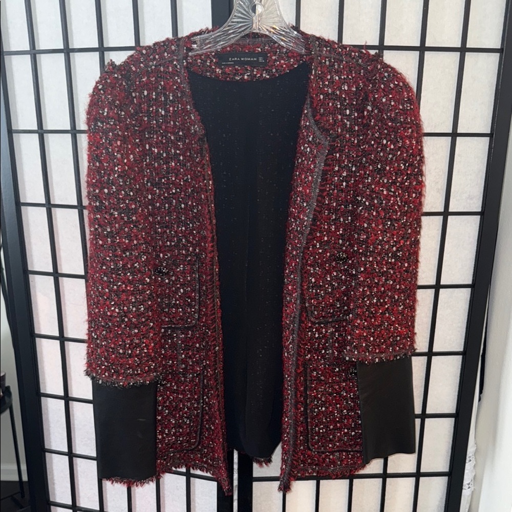 Zara Burgundy and Black Tweed Jacket